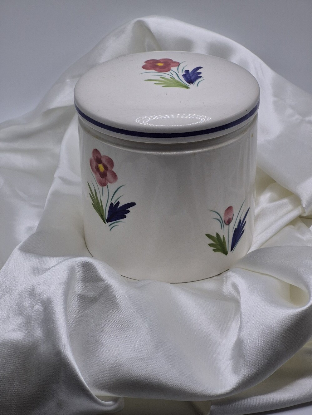 PIER ONE Hand-Painted Floral Ceramic Canister - White with Pink & Blue Flowers